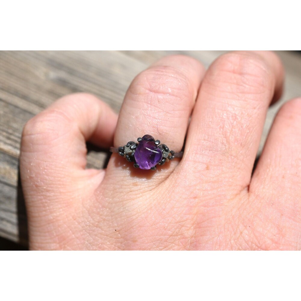 Amethyst and pyrite raw stone rings size 8